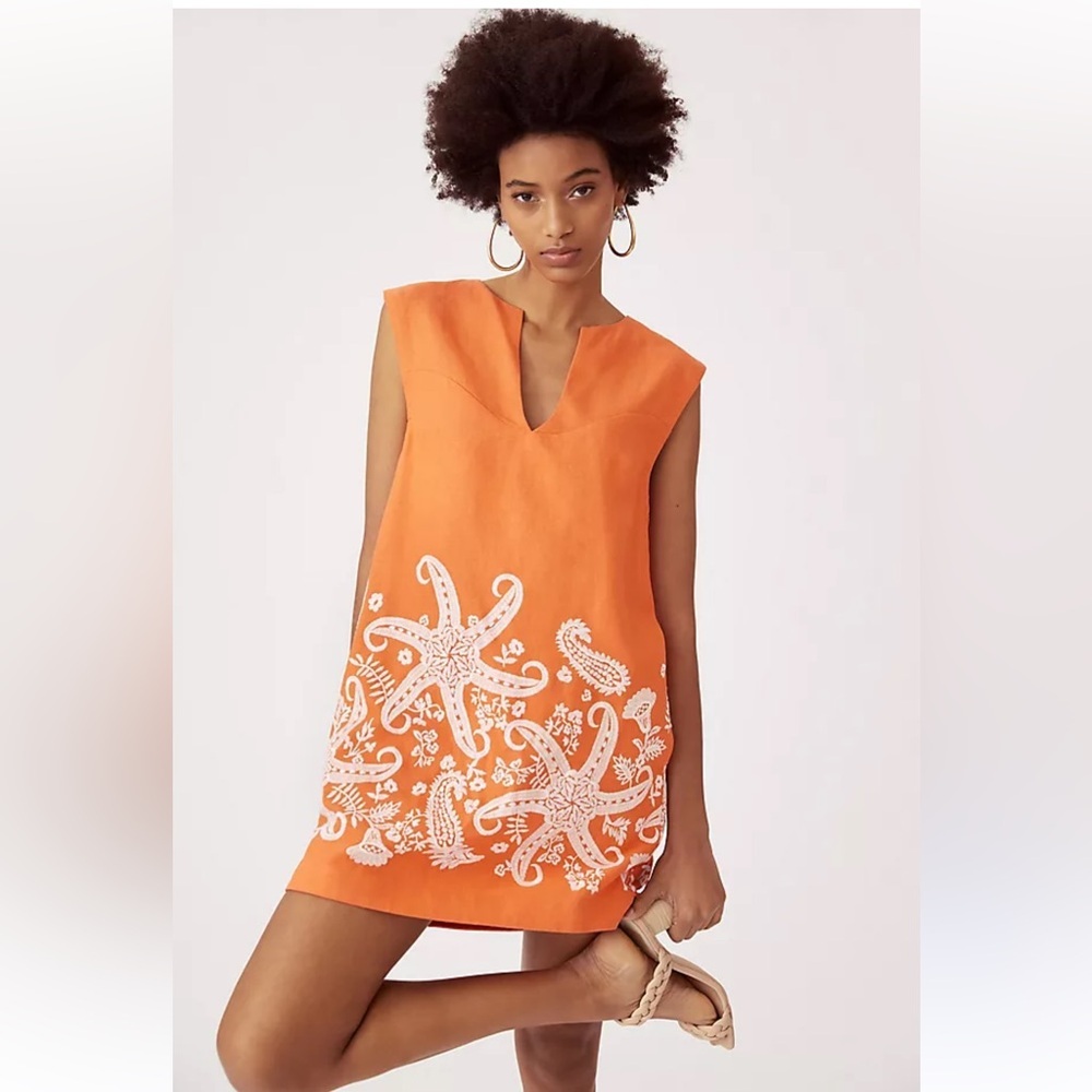 15. Maeve Anthropologie Orange Starfish Embroidered Linen Blend Tunic Dress